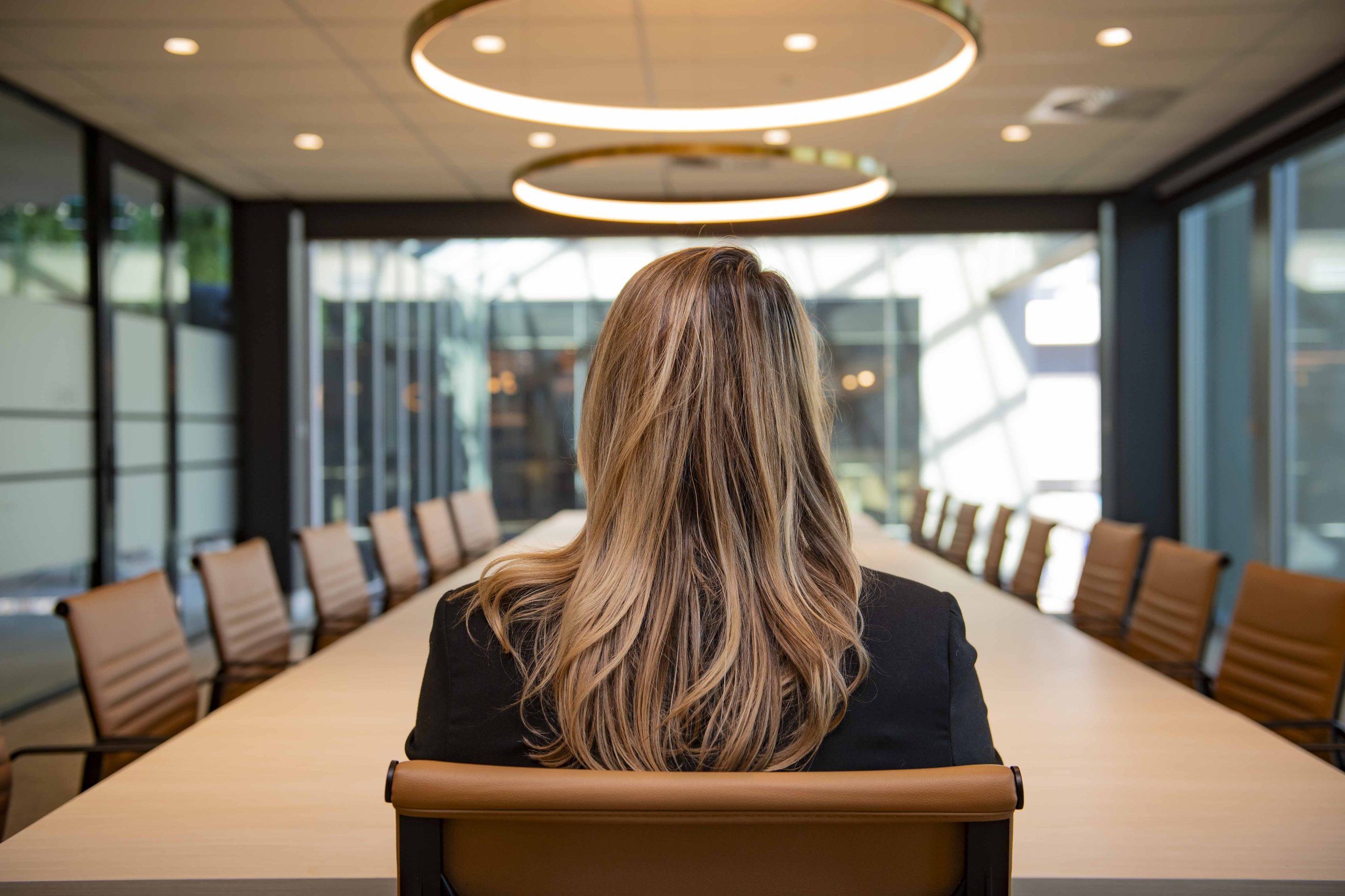 the back of a woman's head sitting at a board room table