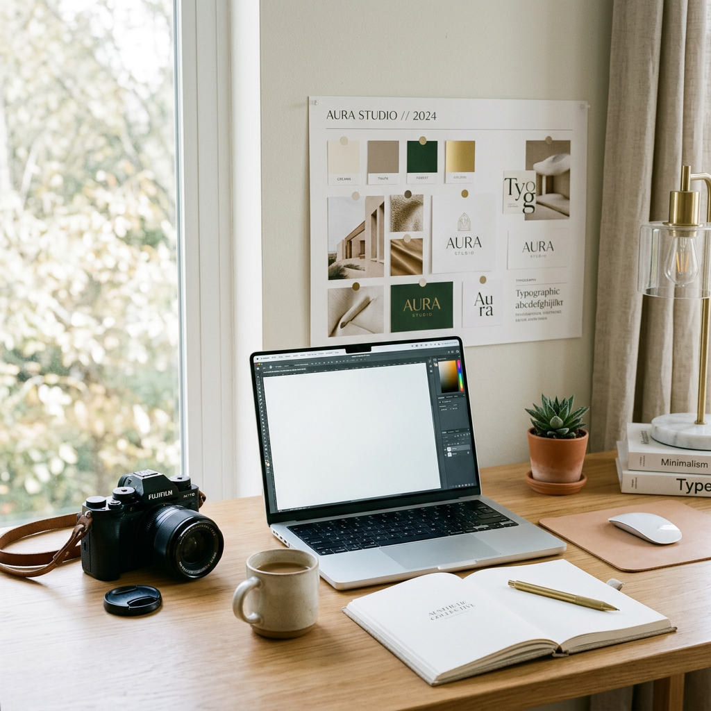 DESK WITH A LAPTOP AND CAMERA